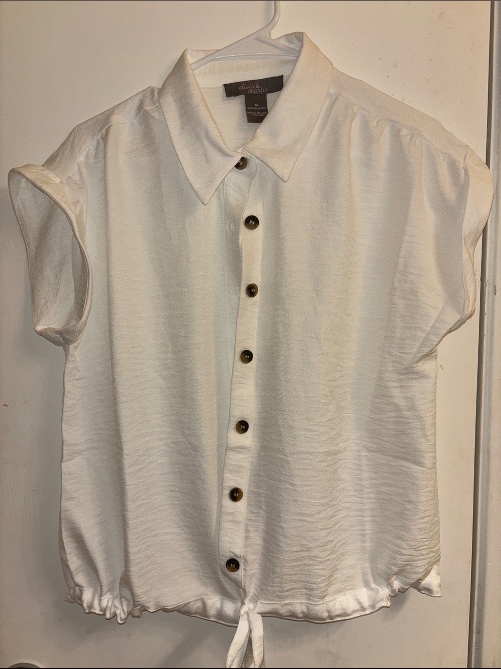 a new day Cream Short-Sleeve Button-Down Tie-Hem Shirt